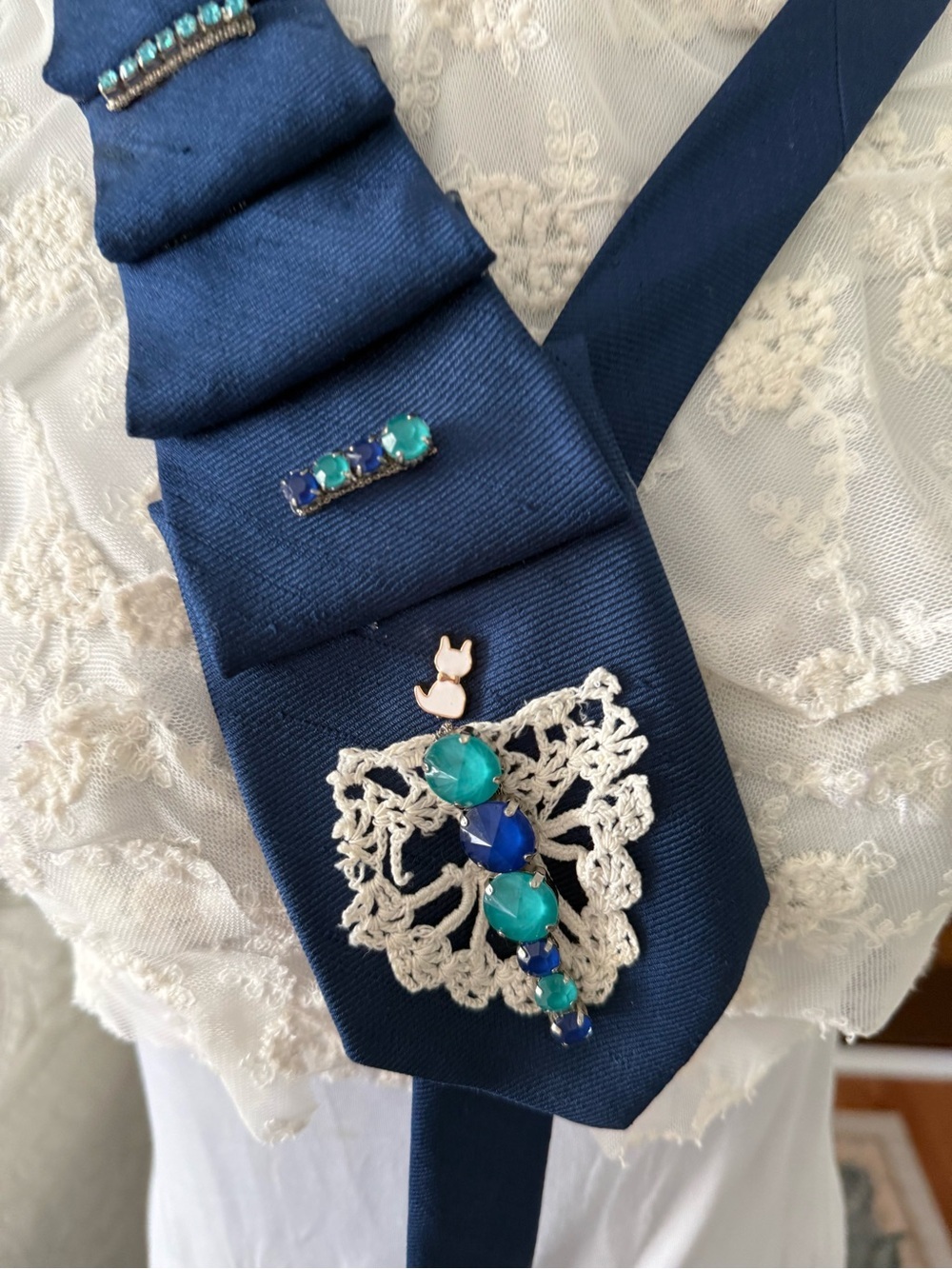 Upcycled Blue Ribbon Necktie with Lace and Jewel Embellishments - Picture 3 of 5
